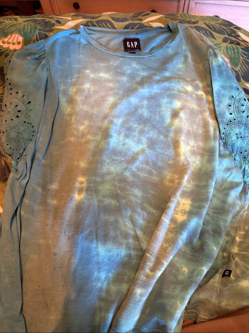 Gap | Upcycled Tie Dye Top Eyelet Sleeves Blue Green XL